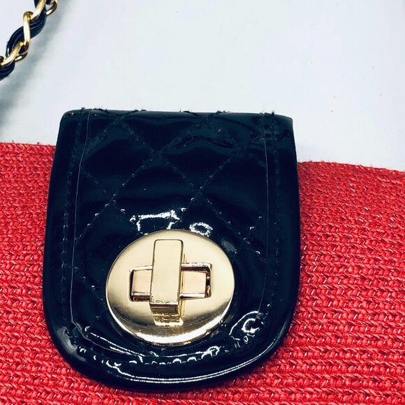 straw red handbag chain handle clasp lock zipper 5 pockets 2 handle 15x9x4" READ - Picture 3 of 11